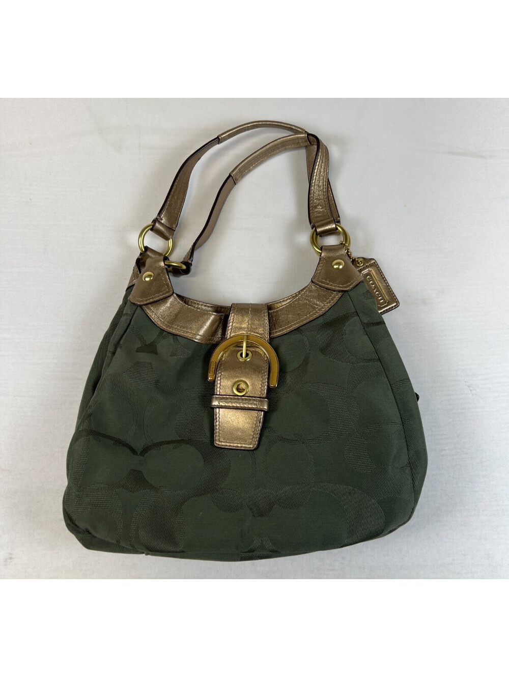 Coach Signature C Green Gold Metallic Leather Hobo Shoulder Bag Purse F17396
